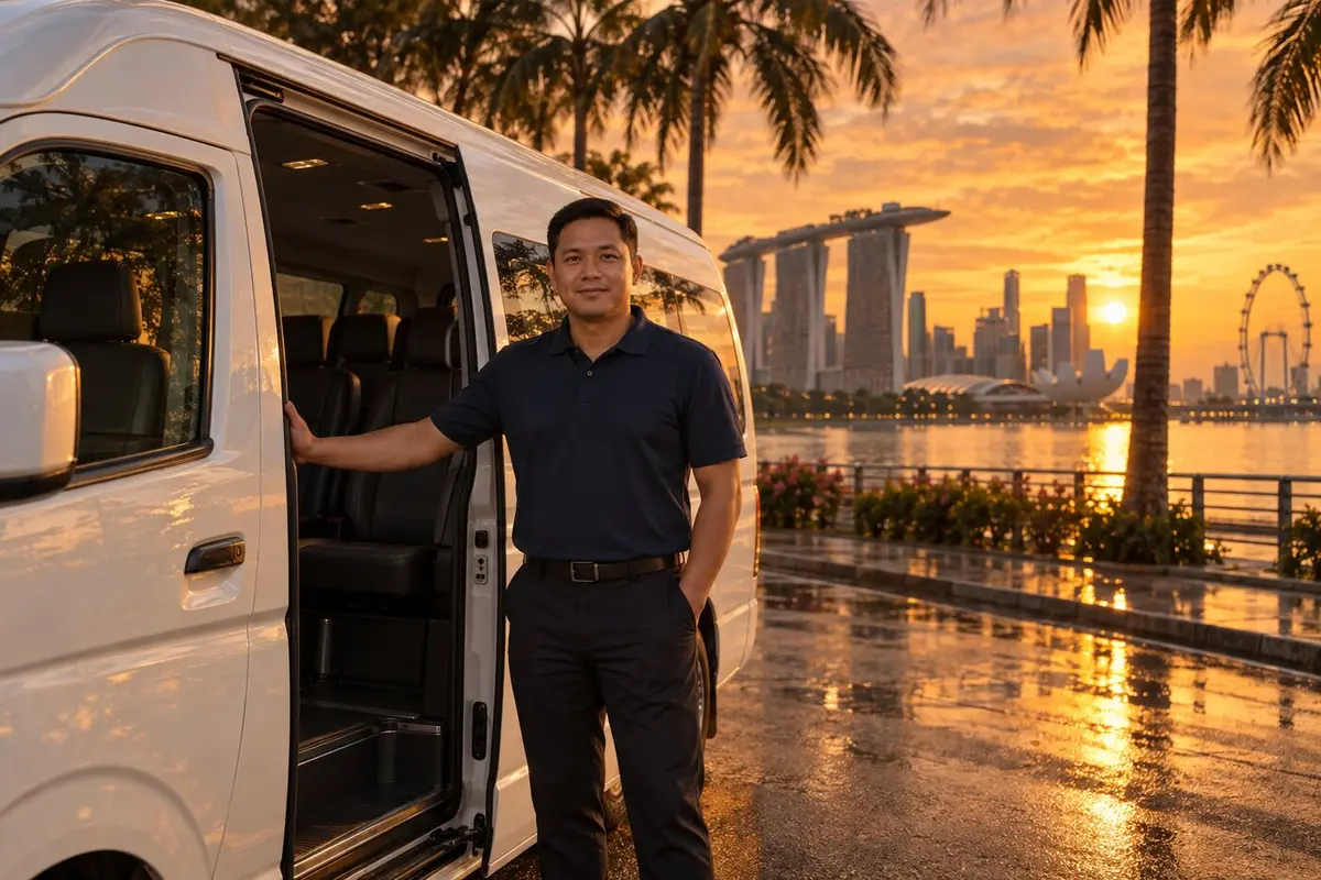 An ZZ Test Limo driver at the open door of a high-roof van on the Marina Bay waterfront
