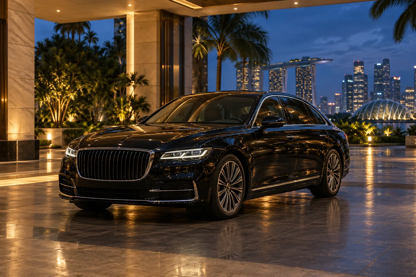 Black limousine waiting at a hotel entrance at night